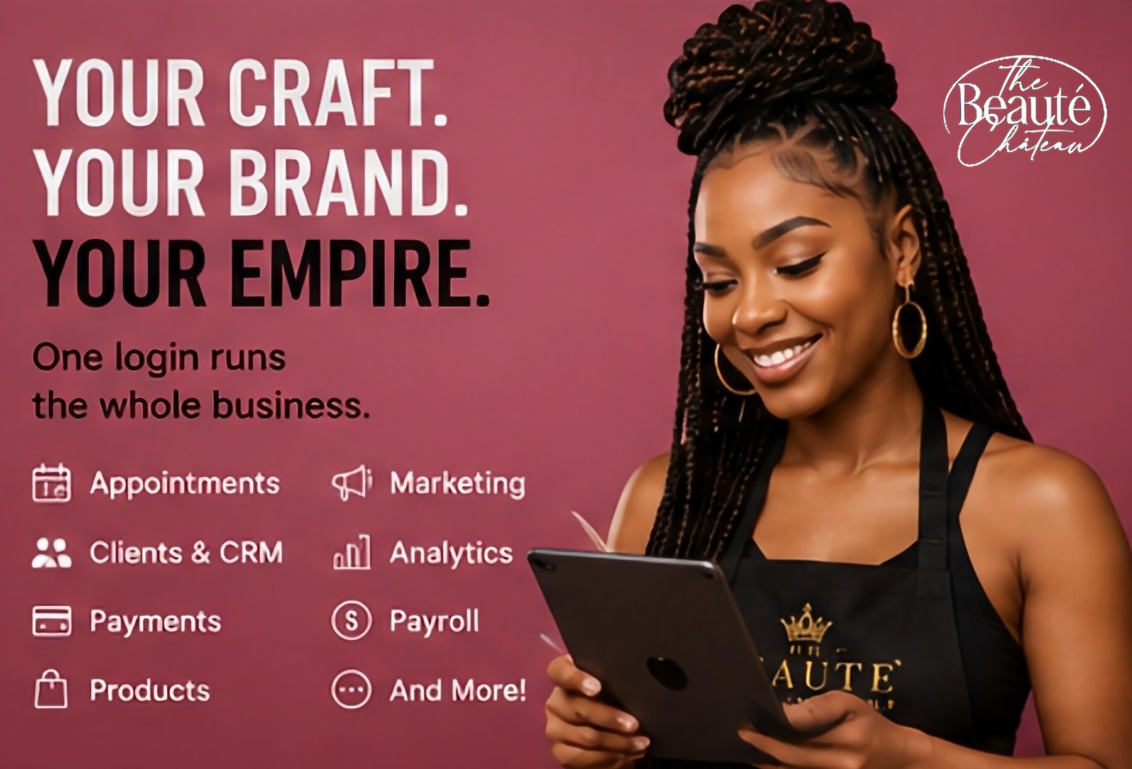 Your craft. Your brand. Your empire. One login runs the whole business: appointments, clients and CRM, payments, marketing, analytics, payroll and products.